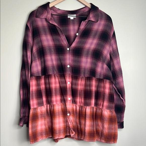 J. Jill Tops - J Jill Button Front Tiered Tunic Womens Peplum Ombre Plaid Long Sleeve Soft XL